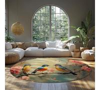 MOKOSAISE Round Rugs 180cm（Round） Washable Soft Circular Area Rugs for Nursery Playroom Bedroom Dining Under Table Blue Yellow Birds Cherry Blossoms Indoor Carpets