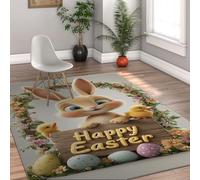 MOKOSAISE Washable Area Rugs 90x150cm Happy Easter Bunny Kitchen Rug for Living Room Bedroom Dining Room Low Pile Vibrant Floral Wreath Eggs Print Indoor Carpets