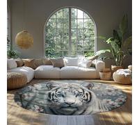MOKOSAISE Washable Round Area Rug 180cm（Round） Large Soft Rugs for Living Room Vintage White Tiger with Blue Eyes & Cherry Blossoms Indoor Carpet for Dining Under Table Rug