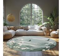MOKOSAISE White Magnolia Round Rug 80cm（Round） Flying Bird Chinese Landscape Mountain Mist Tranquil Light Blue Carpet for Living Room Bedroom Office