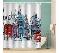 MOKURI 3D Shower Curtain Heavy Duty Polyester Fabric Waterproof Shower Curtain Hand Drawn Pattern London Landscape Bathroom Curtains with 12pcs Hooks (180x180 cm)