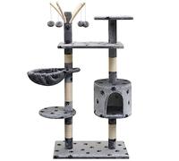 Mokuyary Cat Tree and Scratching Post Sisal 125 cm Grey Paw Prints Indoor Cat Tower Climbing Tree for Animals, Bedroom, Living Room -B