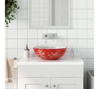 Mokuyary White and red round ceramic washbasin, diameter 41 x 14 cm, washbasin, over the counter for bathroom, guest toilet, hotel, toilet