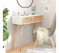 Mokuyary White Console Table 80 x 30 x 75 cm Solid Wood Pine/Rattan Natural Console for Hallway, Entrance Table Narrow Sofa End for Entrance, Living Room