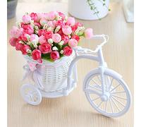Mokyler Artificial Flowers with Rattan Bicycle,Plastic Floral Fake Silk Flower Garden Nostalgic Bicycle Mini Tricycle for Home Wedding Office Hotel Table Desk Ornament