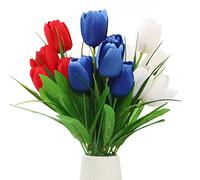 Mokylor 3 Pcs Artificial Tulips Flowers Bouquets for Independence Day Decor, 12.2 Inch Simulation 18 Head Red White Blue Silk Cloth Tulips Flower Bunch for Home Garden Flower Arrangement Pot (#1)