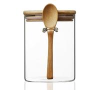 MOLADRI 15 oz/450 ml Glass Storage Canister with with Airtight Lid, Cute Clear Decorative Container Jar with Wooden Spoon for Coffee Spice Candy Salt Cookie Condiment Sugar Matcha Tea Overnight Oats