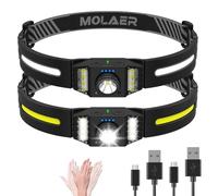 MOLAER LED Headlamp Rechargeable 2PCS, Wide Beam Bright Headlight Flashlight with White Red Light, Lightweight, Weatherproof, 9 Modes Motion Sensor Head Lamp for Outdoor Camping Running