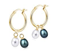 MOLAH 925 Silver Multi-use Hoop Sade Earrings 7-7.5mm Cultured Freshwater Drop White and Black Peacock Pearl 4-in-1 Yellow Gold Plated