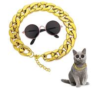Molain Cat Sunglasses Gold Chain Costume Decorations- Cat UV Protection Classic Retro Puppy Retro Black Sunglasses Faux Gold Adjustable Chain Cosplay Costume Cool Funny Photo Props
