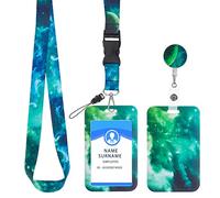 Molain ID Badge Holder with Lanyard and Retractable Badge Reel Clip, Starry Sky ID Card Holder Set Retractable Badge Key Reel Breakaway Crossbody Lanyards Around The Neck for Women(Starry-Green)