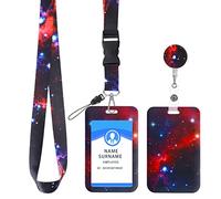 Molain ID Badge Holder with Lanyard and Retractable Badge Reel Clip, Starry Sky ID Card Holder Set Retractable Badge Key Reel Breakaway Crossbody Lanyards Around The Neck for Women(Starry-Red)