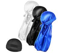 Molain Men 3 Pieces Silk Wave Cap and 1Pcs Silky Durag Caps with Long Tail Headwraps Elastic Durags Soft Breathable Silky Stocking Wave Hair Cap Perfect for 360/720 Waves (Black&White&Blue)
