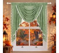 Molaxhome Elegant Lace Window Valance Curtains Swag Victorian Gothic Style | Semi-sheer, Embroidered Floral, Kitchen Curtains, with Tassels, Rod Pocket, for Living Room, Bedroom, Green, W39.4xL41.3 Inch