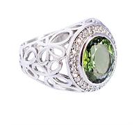Moldavite and Cubic Zirconia 925 Sterling Silver Ring Bezel Set Oval and Round Faceted Green Gemstones Handmade Jewelry Statement Gift K1/2, 51(16.2)