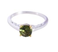 Moldavite and Cubic Zirconia 925 Sterling Silver Ring Prong Set Two Round Faceted Green Gemstones 6mm Handmade Gift for Women or Men K1/2, 51(16.2)