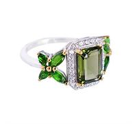Moldavite and Cubic Zirconia Ring 925 Sterling Silver Prong Set Rectangle Marquise Round 9x7mm 4x2mm 3x2mm Faceted Green GemstonesO1/2, 56(17.80)