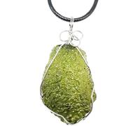 Moldavite Necklace, Green Irregular Healing Crystal Meteorite Necklace with Metal Support and Leather Rope, Moldavite Pendant