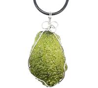 Moldavite Necklace, Green Irregular Healing Crystal Meteorite Necklace with Metal Support and Leather Rope, Moldavite Pendant for Birthday Gift