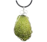 Moldavite Necklace Pendant, Crystal Meteorite Necklace, Green Irregular Shape Gemstone with Metal Support Leather Rope