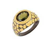 Moldavite Ring 10x8mm Oval Faceted Green Bezel Set Gold Plated Textured Filigree Sterling Silver Handmade Statement Ring Q1/2, 58(18.5)