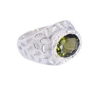 Moldavite Ring 10x8mm Oval Faceted Green Bezel Set Textured Filigree Sterling Silver Handmade Statement Ring N1/2, 54(17.20)