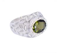 Moldavite Ring 10x8mm Oval Faceted Green Bezel Set Textured Filigree Sterling Silver Handmade Statement Ring V1/2, 65(20.7)
