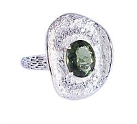 Moldavite Ring 10x8mm Oval Faceted Green with Cubic Zircon Round Accents Prong Set Sterling Silver Handmade Jewelry X1/2, 68(21.60)