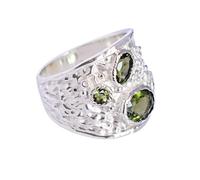 Moldavite Ring 8x6mm 6x3mm 3mm Oval Round Faceted Green Bezel Set 925 Sterling Silver Handmade Gemstone Jewelry N1/2, 54(17.20)