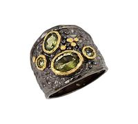 Moldavite Ring 8x6mm 6x3mm 3mm Oval Round Faceted Green Bezel Set Sterling Silver Handmade Multi Stone Jewelry Q1/2, 58(18.5)