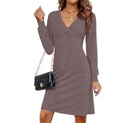 MOLERANI Dresses for Women UK V Neck Long Sleeve Casual Plain Midi Dress Knotted Front Dresses Dark Coffee M No complimentary Belt