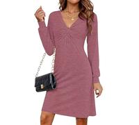 MOLERANI Dresses for Women UK V Neck Long Sleeve Casual Plain Midi Dress Knotted Front Dresses Jujube Red 2XL No complimentary Belt
