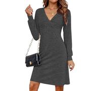 MOLERANI Dresses for Women UK V Neck Long Sleeve Casual Plain Midi Dress Knotted Front Dresses Medium Grey XL No complimentary Belt
