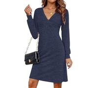 MOLERANI Dresses for Women UK V Neck Long Sleeve Casual Plain Midi Dress Knotted Front Dresses Navy Blue XL No complimentary Belt