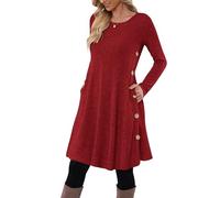 MOLERANI Jumper Dress for Women Long Sleeve Dress Ladies Button TunicDress with Pockets Bright Red Size 16-18 L