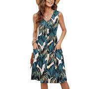 MOLERANI Ladies Sun Dresses for Women UK Sleeveless Ladies Casual V Neck Beach Dress Swing Button Beach Dress with Pockets Leaf Print 24 XXL