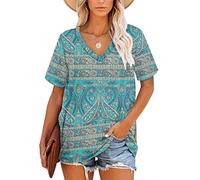 MOLERANI Ladies Tops V-Neck Short Sleeve T Shirt Summer Causal Tunic (Boho Floral Green,3XL)