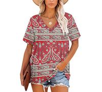 MOLERANI Ladies Tops V-Neck Short Sleeve T Shirt Summer Causal Tunic (Boho Floral Red,3XL)