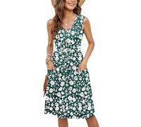 Molerani Summer Dress for Women - UK Ladies Casual V Neck Beach Swing Button Midi Sundress with Pockets - Green Daisy Print