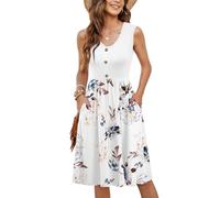 MOLERANI Summer Dresses for Women UK Ladies Casual V Neck Beach Dress Swing Button Midi Sundress with Pockets Flower White XL