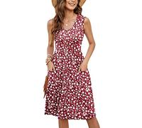MOLERANI Summer Dresses for Women UK Sleeveless Ladies Casual V Neck Beach Dress Swing Button Midi Sundress Dress with Pockets Floral Red 12-14 M