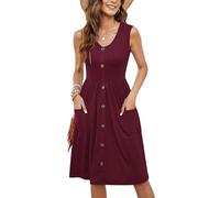 MOLERANI Summer Dresses for Women UK Sleeveless Ladies Casual V Neck Beach Dress Swing Button Midi Sundress Dress with Pockets Wine Red 8-10 S