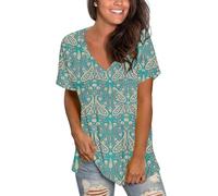 MOLERANI Summer T Shirts for Womens V Neck Basic Tops Short Sleeve Loose Casual Blouses Boho Floral Green L UK16
