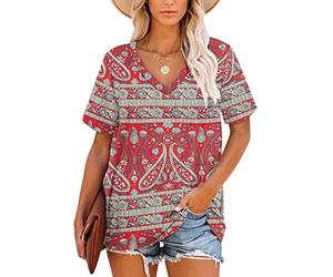 MOLERANI T Shirt for Ladies Casual Summer Tops Short Sleeve Tunics (Boho Floral Red,S)