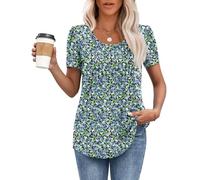 MOLERANI T Shirts for Women UK Round Neck Loose Casual Puff Short Sleeve Summer Tee Tops Front Pleated T Shirt Blue Green Flowers L