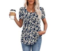 MOLERANI T Shirts for Women UK Round Neck Loose Casual Puff Short Sleeve Summer Tee Tops Front Pleated T Shirt Dark Blue Apricot Patterned 3XL