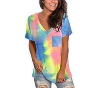 MOLERANI V Neck T Shirts for Women Short Sleeve Loose Casual Tshirts Basic Tees Dyed Pink Yellow Blue XL