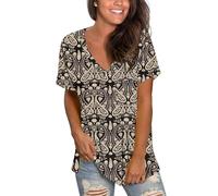 MOLERANI V Neck T Shirts for Women Short Sleeve Tunic Tops for Legging Casual Tshirts Boho Floral Black L