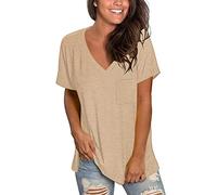 MOLERANI V Neck T Shirts Women Short Sleeve Tee Tops Summer Casual Plain Shirt Khaki S