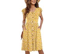 MOLERANI Women Beach Summer Dresses Ruffle Sleeve V Neck Casual Swing Elastic Waist Yellow Flower Midi Dress with Pockets Yellow Flower S